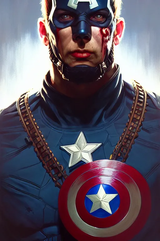 Image similar to a portrait of zombie captain america, fantasy, sharp focus, intricate, elegant, digital painting, artstation, matte, highly detailed, concept art, illustration, ambient lighting, art by ilya kuvshinov, artgerm, alphonse mucha, and greg rutkowski