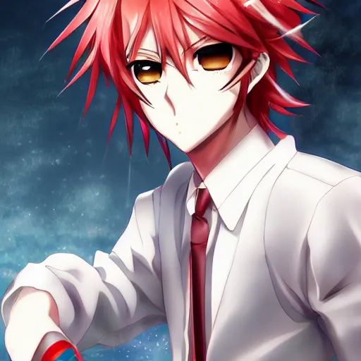 Image similar to anime art, anime key visual of handsome young male, spiky red hair and large silver eyes, directed gaze, high quality artwork, portrait, drawn by tsunako.