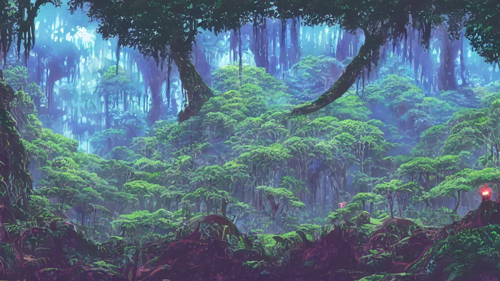 Image similar to magical rainforest with overgrown glowing bioluminescent fungus and strangler fig, anime background, interior, gouache, hand painted, in the style of kazuo oga, studio ghibli