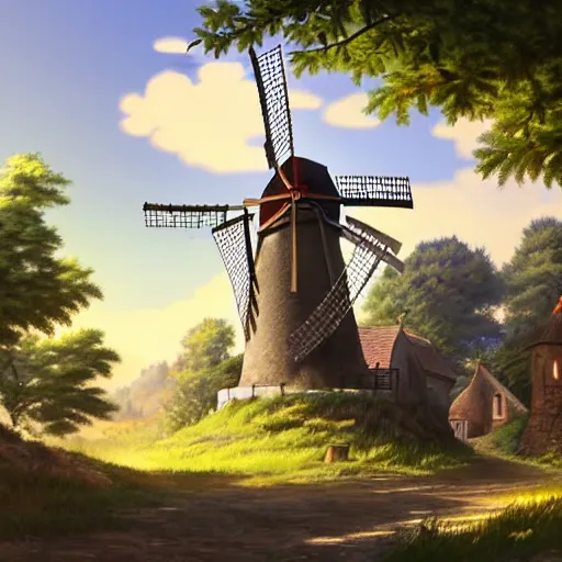 Image similar to concept art painting of a historic windmill with european and japanese architecture, in a small medieval village surrounded by trees, in a mountain valley, realistic, detailed, cel shaded, in the style of makoto shinkai and greg rutkowski and james gurney