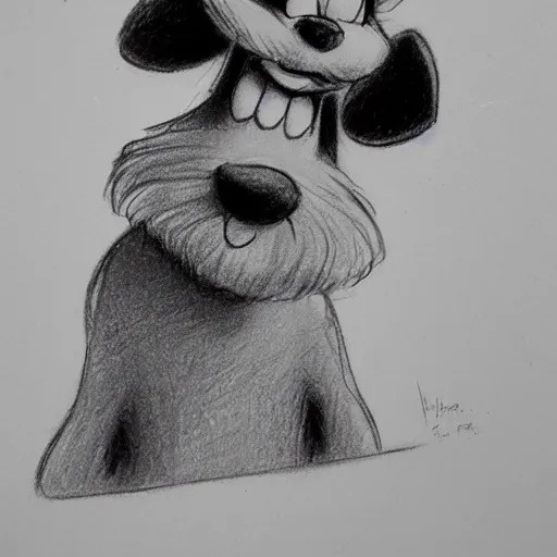 Image similar to milt kahl pencil sketch of happy mini schnauzer cartoon lady and the tramp style