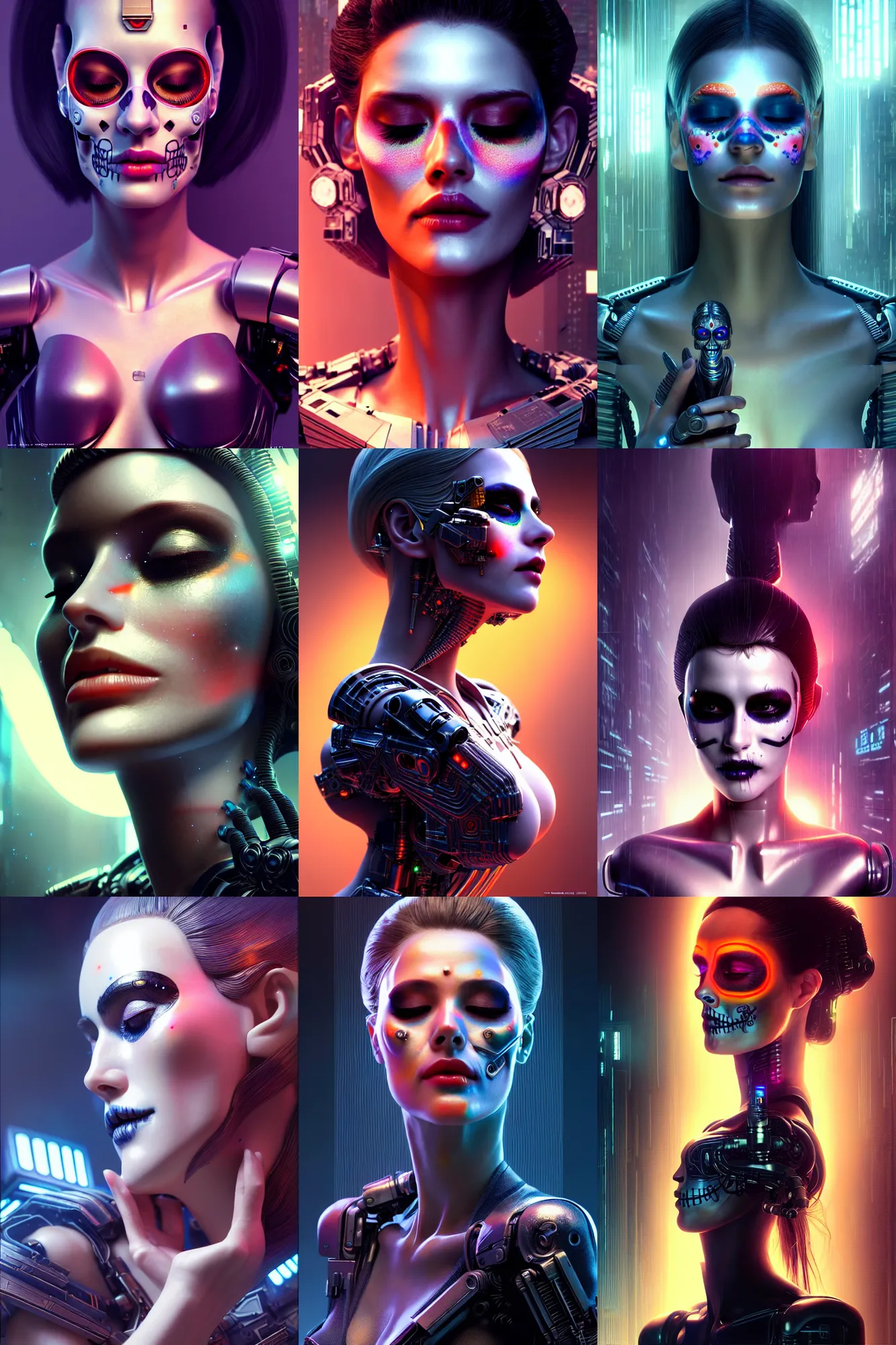 Prompt: beautiful android woman, eyes closed, photorealistic cinematic, 3 d model, cyborg, translucent, postcyberpunk, blade runner, octane render, concept art, vogue, 8 k, intricate detailed environment ( ( el dia los muertos ) ). by terry oneill and karol bak and and artgerm