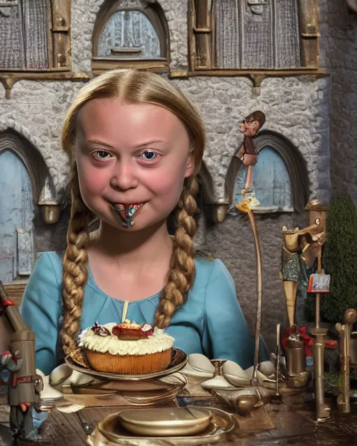 Image similar to highly detailed closeup, face profile portrait of a tin toy greta thunberg as a medieval goblin eating cakes in a castle, bikini, depth of field, nicoletta ceccoli, mark ryden, lostfish, dan decarlo, bob clampett, max fleischer, detailed and intricate environment, 8 k resolution, hyperrealistic, octane render