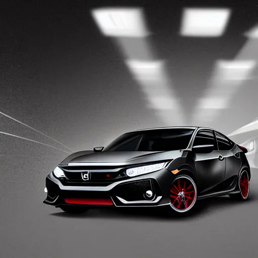 Prompt: incredible digital painting of a honda civic, black, mk 1 0 license plate, stealth, night mode, spoiler, lights, custom exhaust, wing mirrors, carbon fibre, valance splitter, sports, wheel spacers, japanese, power, sleek, electric, petrol, high detail, 8 k resolution