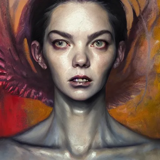 Prompt: expressive oil painting, alien dark fae woman based on jennifer connelly mixed with anya taylor - joy, screaming rage, bumpy mottled skin, big black feathered wings instead of arms, body horror, by yoshitaka amano, by greg rutkowski, by jeremy lipkinng, by artgerm, digital art, octane render