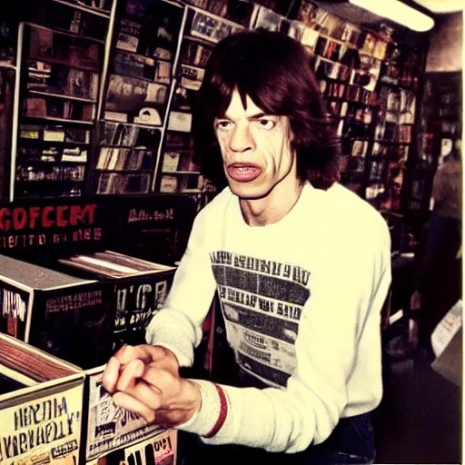 Image similar to mick jagger working in a record store in 1 9 6 9, polaroid photo, artistic, realistic, snapshot, gritty, portrait