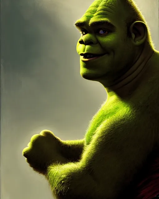 Image similar to a half body portrait of shrek, high detail, cleary see face, by gaston bussiere, bussiere rutkowski andreas rocha, bayard wu, greg rutkowski, odd nerdrum, maxim verehin, dan dos santos, masterpiece, sharp focus, cinematic lightning