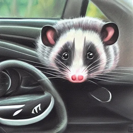 Prompt: “ cute happy opossum driving a car, photorealistic, hyperrealism ”