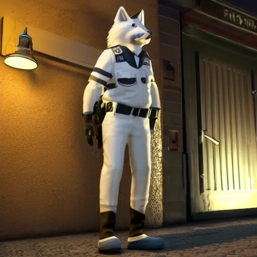 Image similar to furry anthro 3d source engine render 4k police officer anthropomorphic white wolf in uniform standing under a streetlamp in an alley at night half life