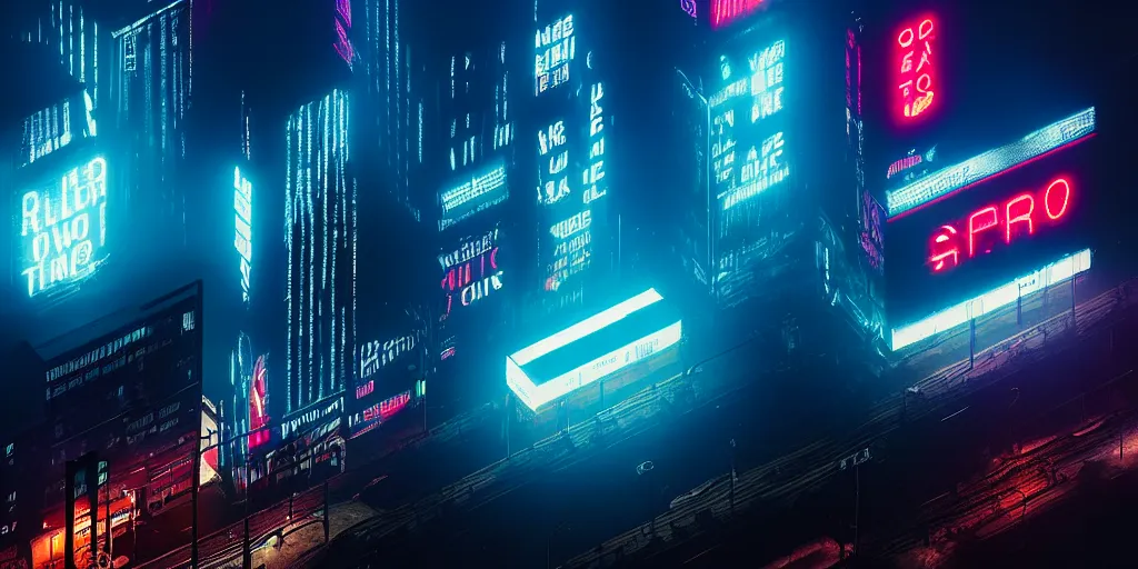 Image similar to giant illuminated advert screens, eerie fog, megacity streets seen from above, neon signs, blade runner, ex machina