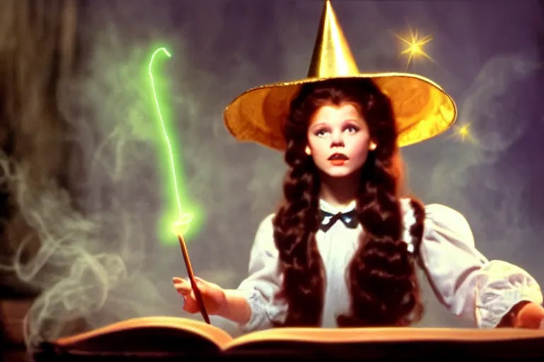 Image similar to close up portrait, dramatic lighting, teen witch calmly pointing a magic wand casting a spell over a large open book on a table with, short hair, cat on the table in front of her, sage smoke, a witch hat cloak, apothecary shelves in the background, still from the wizard of oz and peter pan