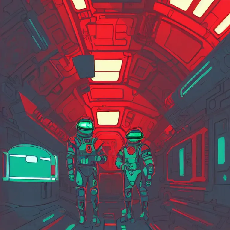 Prompt: A soldier wearing red armor, high-tech red armor, green visor, green lights in the armor, sci-fi soldier, nuclear operatives, inside a space station, dark blue space station, dark blue moods, art by James Gilleard, James Gilleard artwork, vintage