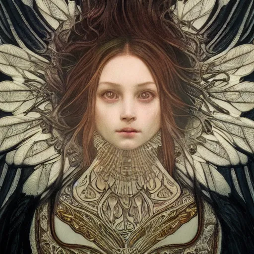 Image similar to hyperrealistic detailed portrait of a seraphim from layers of fear in the style of gothic and mucha sharp focus 8 k