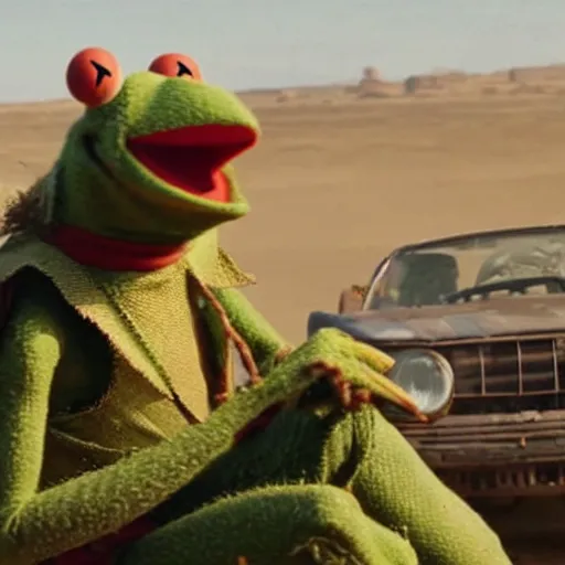 Prompt: kermit the frog in a scene from mad max