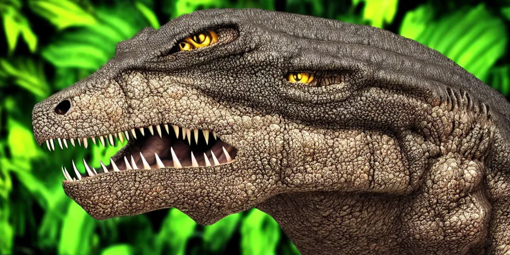 Image similar to photo realism, tyrannosaurus rex cat hybrid, jungle background, 4 k, detailed