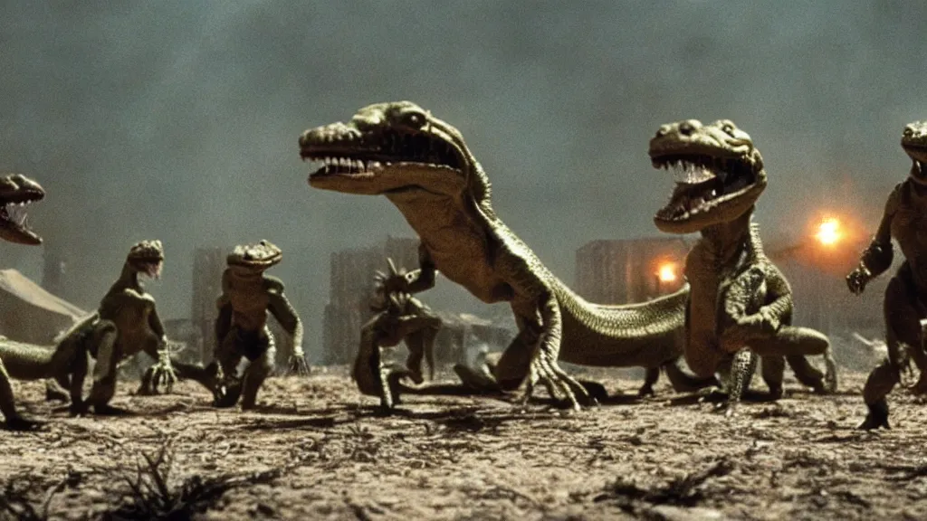 Image similar to movie scene of a group of draconian humanoid arriving to earth, reptil, reptilian, movie still, cinematic composition, cinematic light, criterion collection, reimagined by industrial light and magic, Movie by David Lynch and Ridley Scott