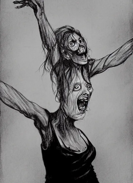 Prompt: A Scary Smiling woman reaching her arms out, in the style of Stephen Gammell