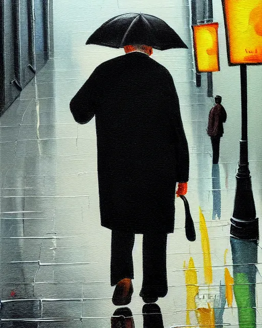 Image similar to a painting of an old man walking down the street, rain, an ultrafine detailed painting, by cabu, featured on deviantart, detailed painting, deviantart