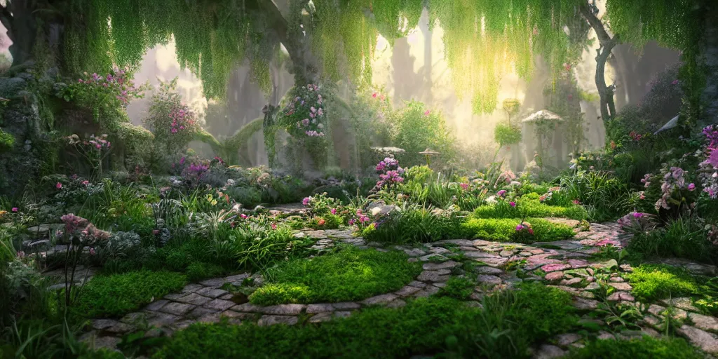 Image similar to in an ethereal magical garden, highly detailed, 8 k, hdr, award - winning, octane render, artstation