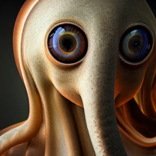 Image similar to dramatic full close - up portrait of a sad human!! ( cephalopod ) hybrid, detailed, dimly light room, volumetric lighting,