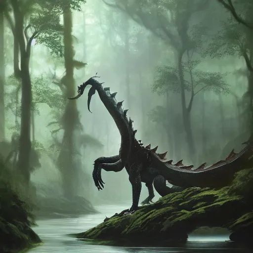 Image similar to a gargantuan dragon idly standing in a forest, peacefully drinking river water, illustrated by max hay and greg rutkowski, trending on artstation, digital art, 4 k quality