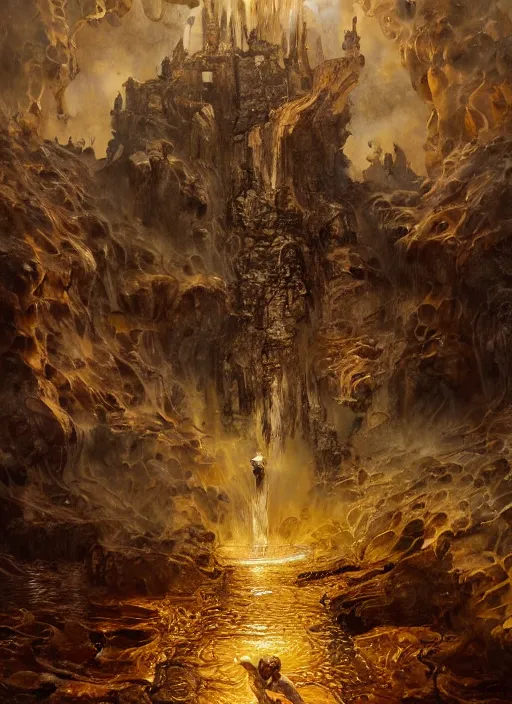 Image similar to fountain of honey in hell, oil painting by tomasz jedruszek, cinematic lighting, pen and ink, intricate line, hd, 4 k, million of likes, trending on artstation