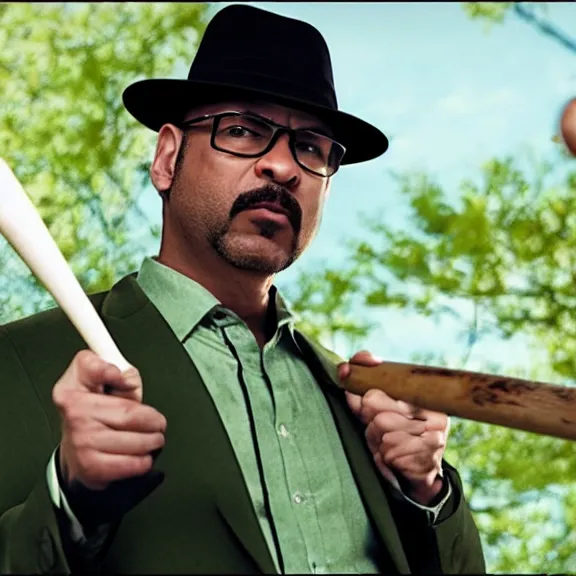 Image similar to Still from Better Call Saul of Big Smoke with green clothing and trilby hat, swinging a baseball bat