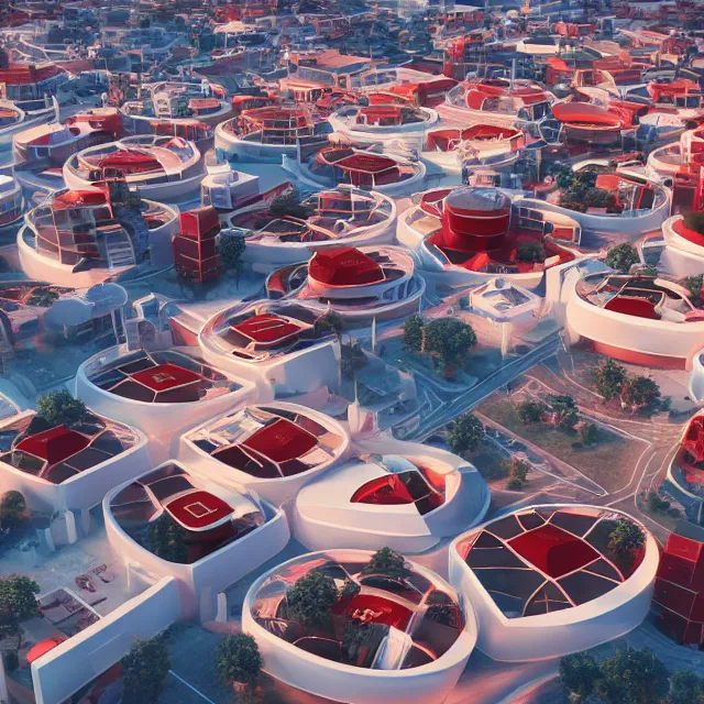 Prompt: futuristic white square building city with circle shaped windows, red colored hills in the background, night lighting, round windows, futuristic cinematic, volumetric, realistic, cinematic lighting, ray tracing, unreal engine 5, octane render, hyper realistic, 8 k