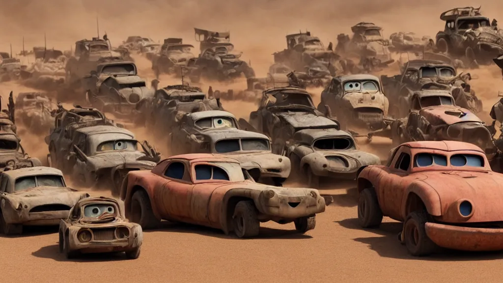 Image similar to pixar cars in mad max fury road, cartoon eyes, explosions, war boys, furiosa, imax