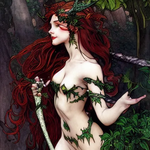 Image similar to a beautiful and detailed matte painting of a seductive succubus dressed as poison ivy, fantasy, d & d, dark eyeliner, intricate, elegant, highly detailed, digital painting, artstation, concept art, matte, sharp focus, illustration, art by rebecca guay and by arthur rackham and by alphonse mucha and by john william waterhouse