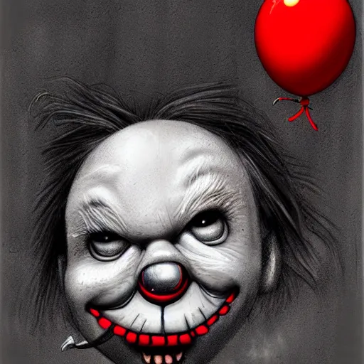 Prompt: surrealism grunge cartoon portrait sketch of slender man with a wide smile and a red balloon by - michael karcz, loony toons style, chucky style, horror theme, detailed, elegant, intricate