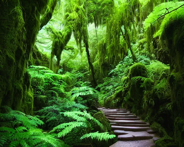 Prompt: Fern canyon in Oregon, stone stairway, overgrown lush plants, atmospheric, cinematic, by Studio Ghibli