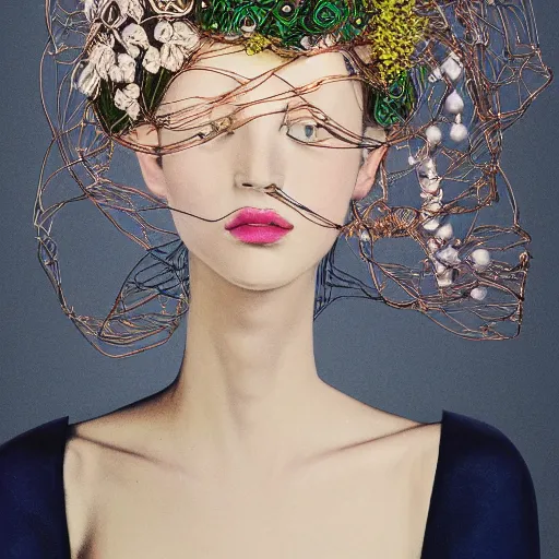Prompt: a beautiful portrait with a hat made by rosegold wire designed by balenciaga and inspired by egon schiele style,some wires and flowers around the head,navy blue flowers and wires made by rose gold,cinematic lighting,cinematic composition,highly detailed,inspired by baroque jewelry ,hyper realistic,