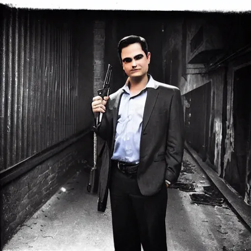 Prompt: “Ben Shapiro as a gangster with gun in hand, 4K, Dark alley way, gloomy lighting, award winning photo”