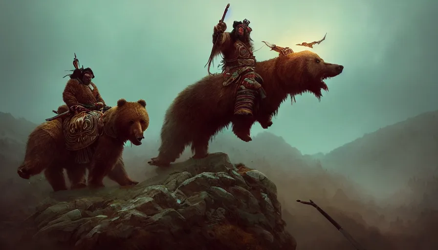 Image similar to a mongolian warlord riding a bear, action scene, an epic fantasy, dramatic lighting, cinematic, extremely high detail, photorealistic, cinematic lighting, artstation, by simon stalenhag, shadow of the tomb rider