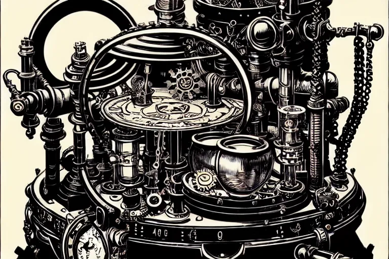 Image similar to steampunk alchemist ornate table, furniture, high details, bold line art, by vincent di fate and joe fenton, inking, etching, screen print, masterpiece, trending on artstation, sharp, high contrast, hd, 4 k, 8 k