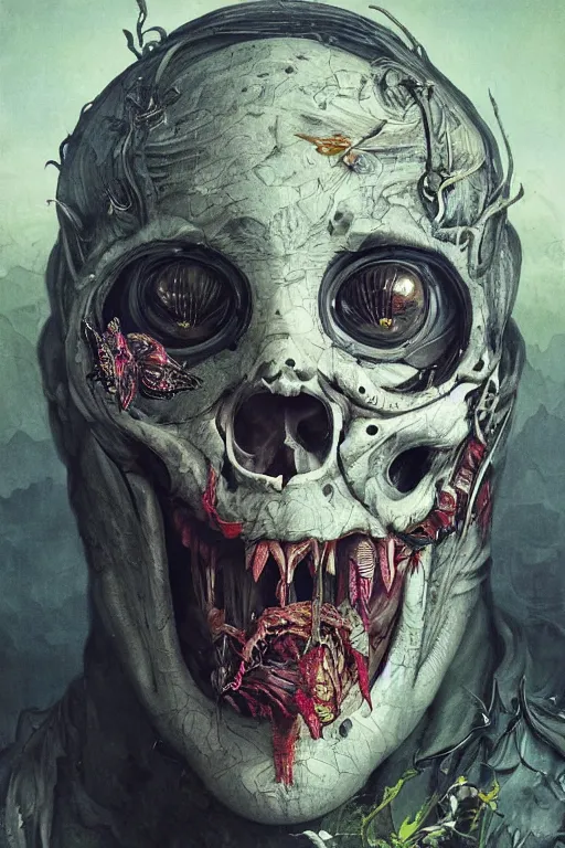 Image similar to Detailed maximalist portrait a with large lips and with large white eyes, angry expression, fleshy skeletal, botany, HD mixed media collage, highly detailed and intricate, Matte painting by Adrian Ghenie, Hans Baldung, Jaroslav Jasnikowski and James Jean, dark art, baroque