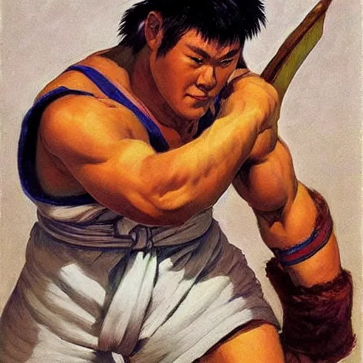 Image similar to ryu from street fighter 2 in real life in the style of malczewski, jacek