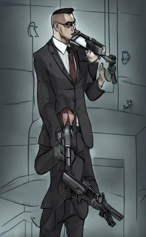 Image similar to rabbit as a hitman, suit and tie, with silenced gun, dynamic lighting, fantasy concept art, trending on art station, stunning visuals, creative, cinematic, ultra detailed, comic strip style