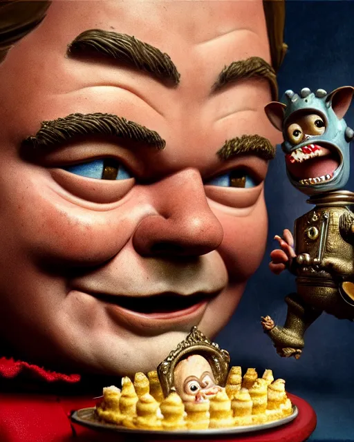 Image similar to highly detailed closeup, face profile portrait of a tin toy leonardo dicaprio as a medieval goblin eating cakes in a castle, hyper realistic, artstation, illustration, nicoletta ceccoli, mark ryden, lostfish, dan decarlo, bob clampett, max fleischer, digital paint, matte paint, vivid colors, detailed and intricate environment