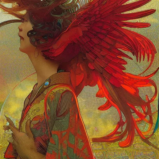 Prompt: the solarpunk phoenix, red bird, regeneration, landscape, volumetric light, bokeh, painting by greg rutkowski by alphonse mucha