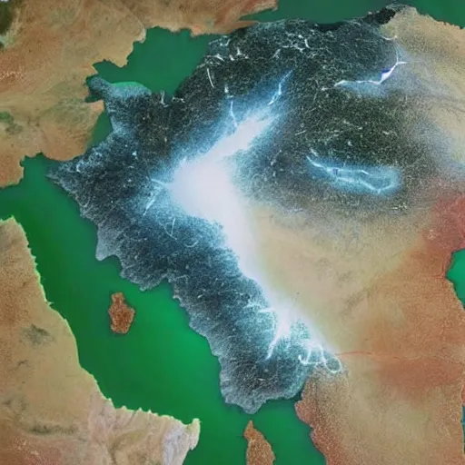 Prompt: map of india, glowing with bright white light, photographed from space