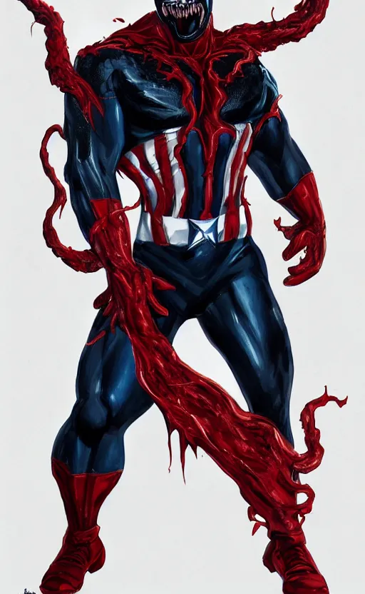 Image similar to full body portrait of venom as captain america, dynamic lighting, cinematic, ultra detailed, trending on art station, stunning visuals, creative, fantasy concept art