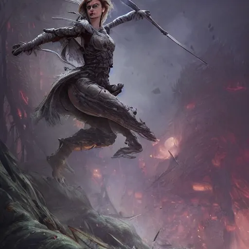 Prompt: portait of a heavily armoured emma watson swinging her long sword forest monster, front game card, drark, marvel comics, dark, intricate, highly detailed, smooth, artstation, digital illustration by ruan jia and mandy jurgens and artgerm and wayne barlowe and greg rutkowski and zdislav beksinski