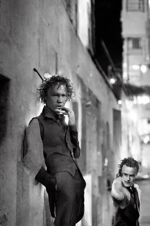 Prompt: Heath Ledger smoking a cigarette back alley of prom, well lit, masterpiece photography, high quality, visual, sharp, backlit, gorgeous lighting