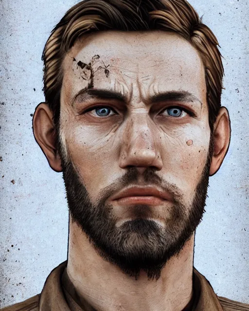 Image similar to portrait of muscular, tired and alcoholic 3 0 - year - old handsome man with short darkblonde hair, serious sad look in his eyes, dirty beard, blue eyes, wearing dirty soldier uniform, on the desert, hyper realistic face, beautiful eyes, character art, art by mark brooks, hyperdetailed, cryengine, trending on artstation, digital art