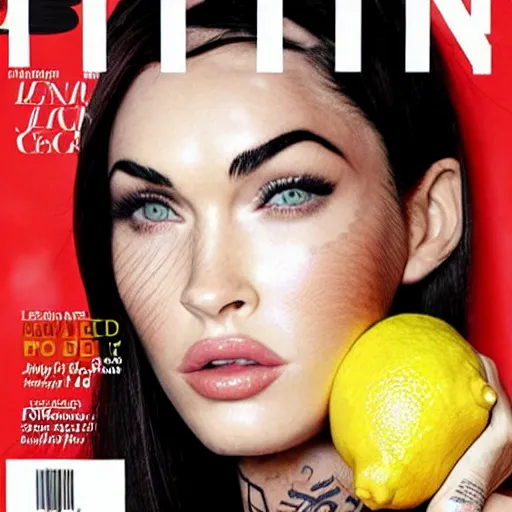 Image similar to “megan fox face skinned in lemon skin , photo real cover magazine”