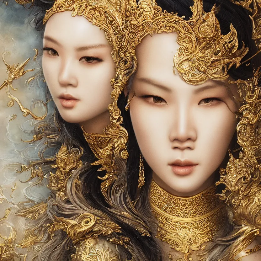 Image similar to amazing exquisite matte painting, front close - up portrait of a chinese white loong, sacred,, shimmer, exquisite detail huge details, gold detailed line work, by xision and yukii morita,, james jean, trending on artstation