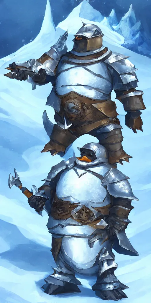 Prompt: fat penguin paladin in heavy armor, ice kingdom background, cinematic, artstation character art