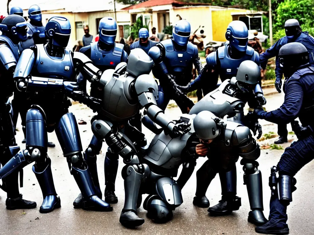 Prompt: robocop arresting looters